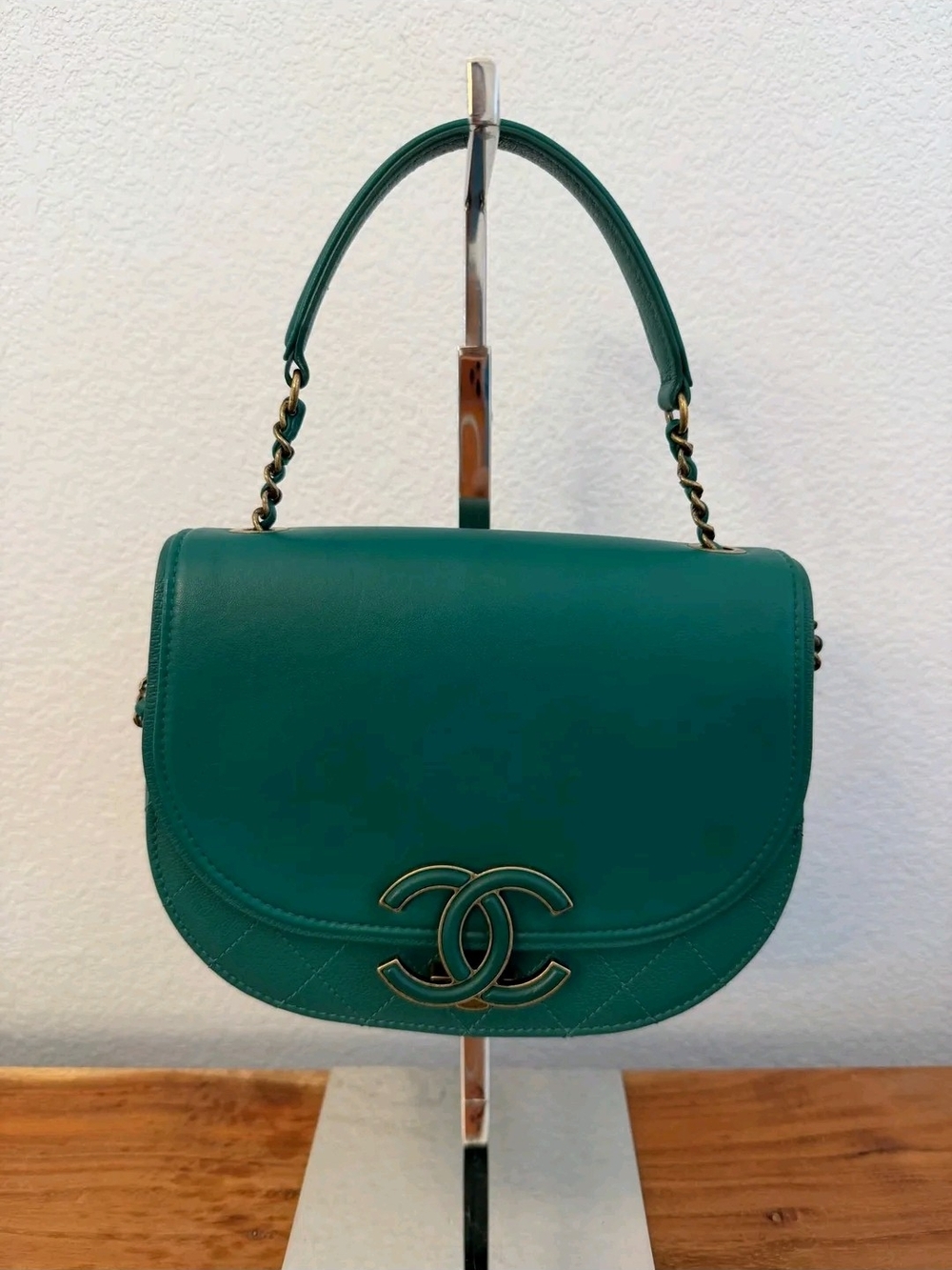 CHANEL Teal Coco Calf Leather Curve  Shoulder Bag with Green CC Hardware